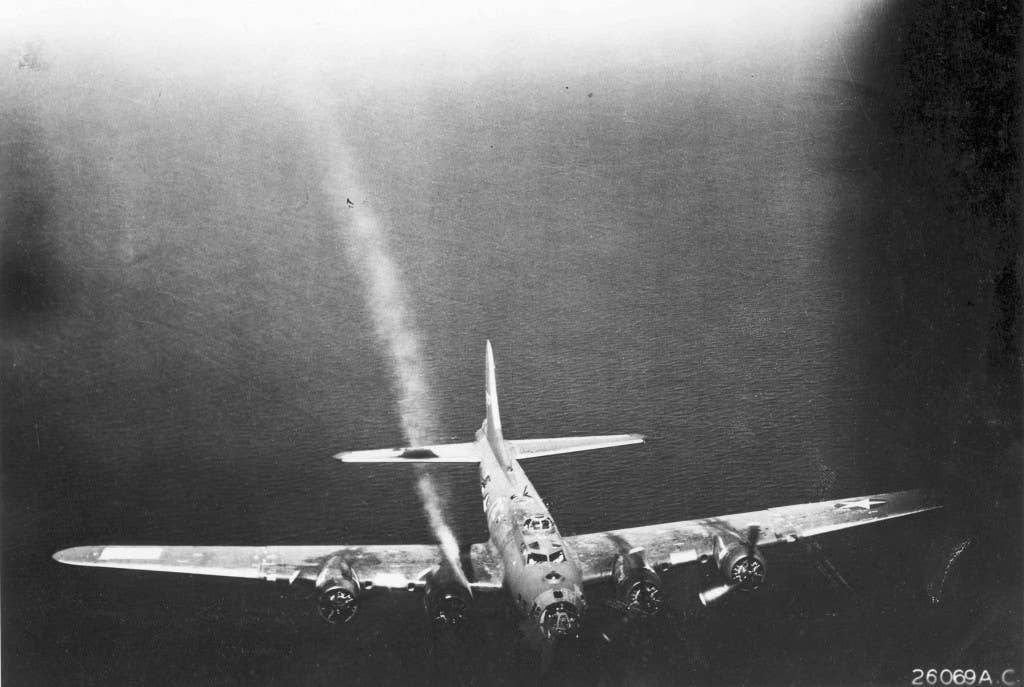 A damaged Boeing B-17 similar to the one that Brown was piloting.  (U.S. Air Force)