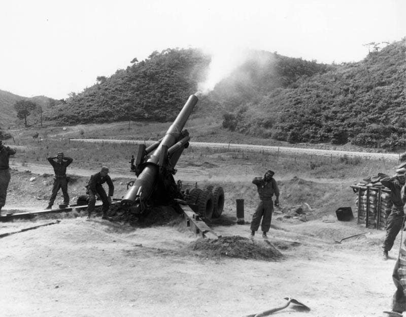 U.S. Army artillery in support of combat operations during the Korean War.