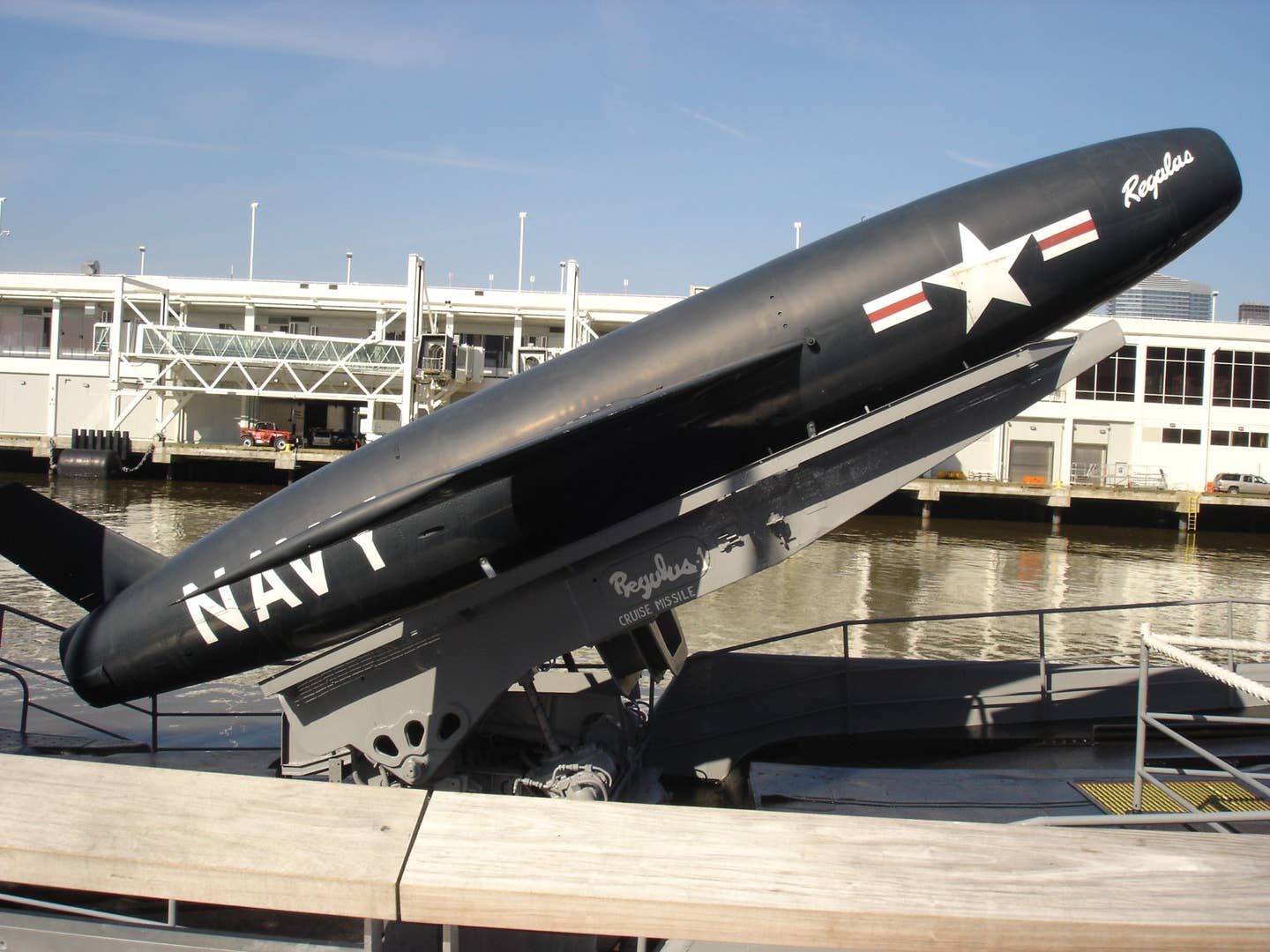 A Regulus I missile on USS Growler (SSG 577). (Image from Wikimedia Commons)