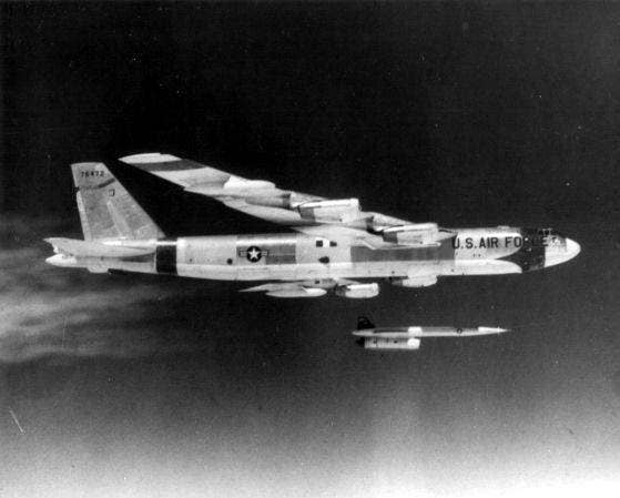A B-52G launches an AGM-28 Hound Dog cruise missile. Thankfully, they were only launched for tests. (USAF photo)