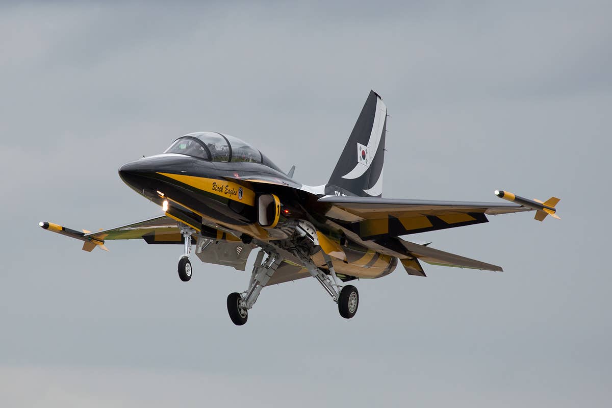 The KAI T-50 as part of the Black Eagles demonstration team. This plane has taken a lot of flight hours from F-16s. (Wikimedia Commons photo by Adrian)