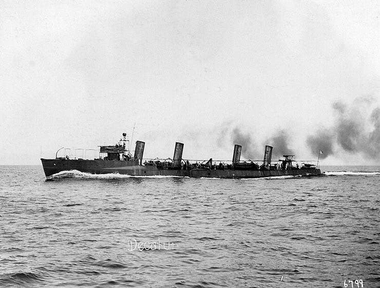 USS Decatur (DD 5) while on sea trials. Then-Ensign Chester W. Nimitz ran her aground in 1908. (U.S. Navy photo)