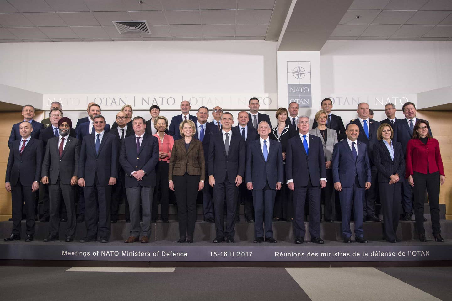 Defense Secretary Jim Mattis, front row, center right, and fellow defense ministers pose for a photo at NATO headquarters in Brussels, Feb. 15, 2017. (DoD photo by Air Force Tech. Sgt. Brigitte N. Brantley)