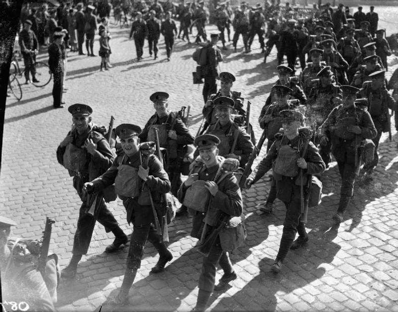 British troops from the 2nd Battalion, Coldstream Guards, march through Cherbourg, France, in late 1939. (Photo: Imperial War Museums)
