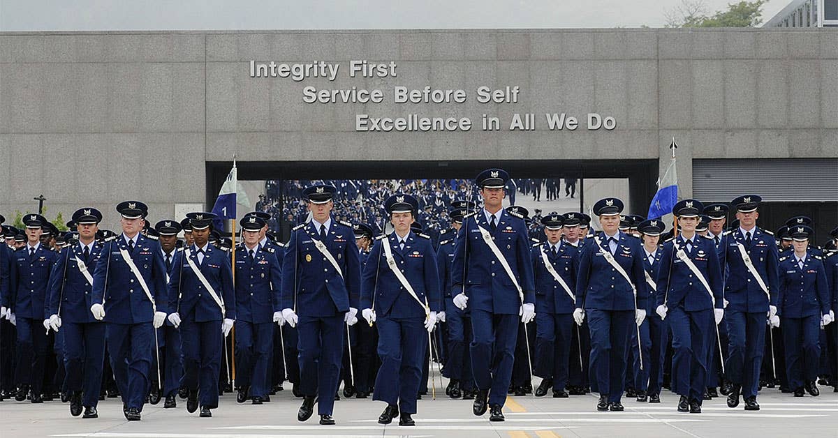 Cadets march toward Stillman Parade Field Sept. 2, 2016 at the U.S. Air Force Academy. USAF photo by Jason Gutierrez.