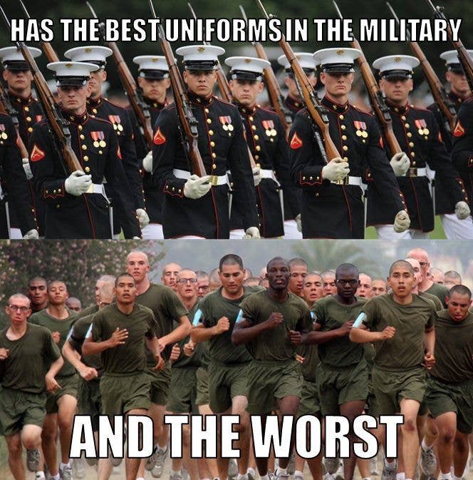 Face it, if it weren't for the ridiculous PT uniform, there would be too many screaming fans for the platoon to run through.