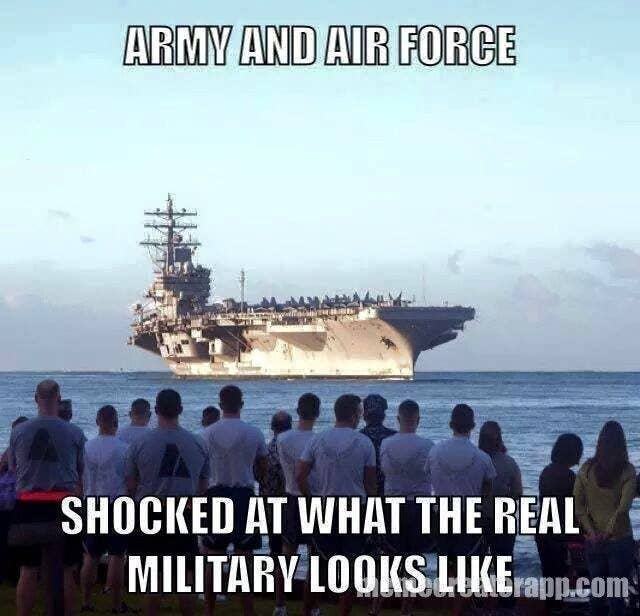 The soldiers are jealous because they could only pack two duffel bags and the sailors got to bring their floating fortress.