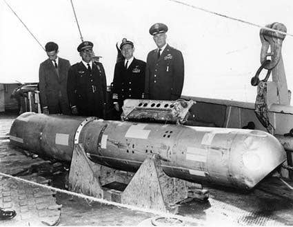 Eighty days after it fell into the ocean following the January 1966 midair collision between a nuclear-armed B-52G bomber and a KC-135 refueling tanker over Palomares, Spain, this B28RI nuclear bomb was recovered from 2,850 feet (869 meters) of water and lifted aboard the USS Petrel. (Image from U.S. Navy)