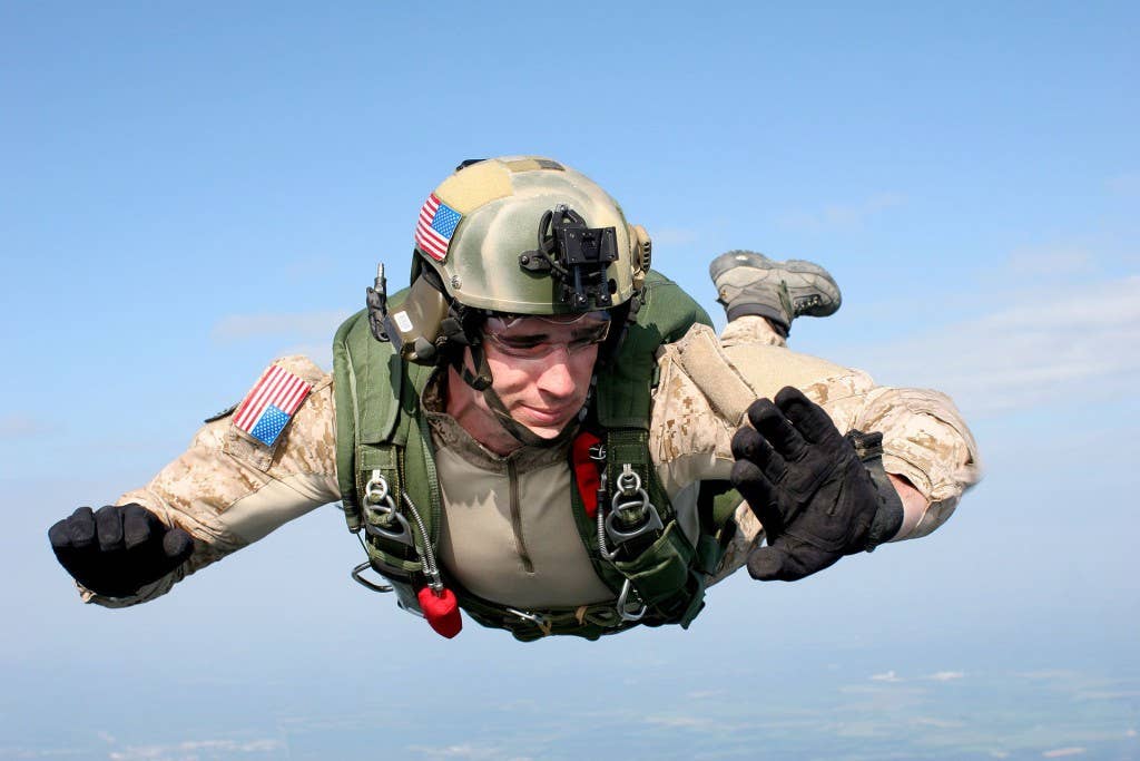 Air Force Staff Sgt. Jonathan C. McCoy, a pararescue jumper assigned to the 24th Special Tactics Squadron, during freefall.