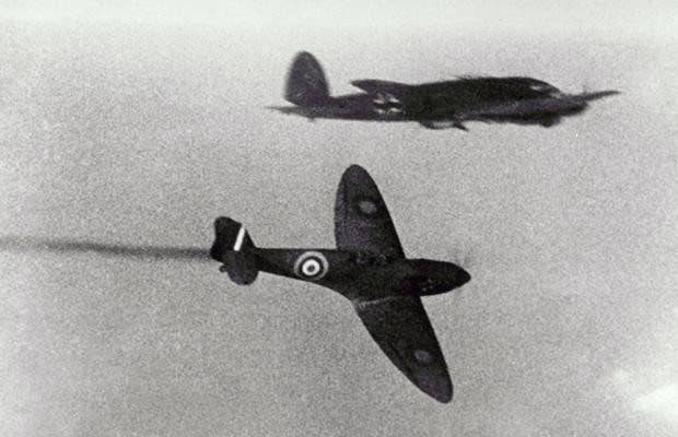 Spitfire makes a run on a German bomber.