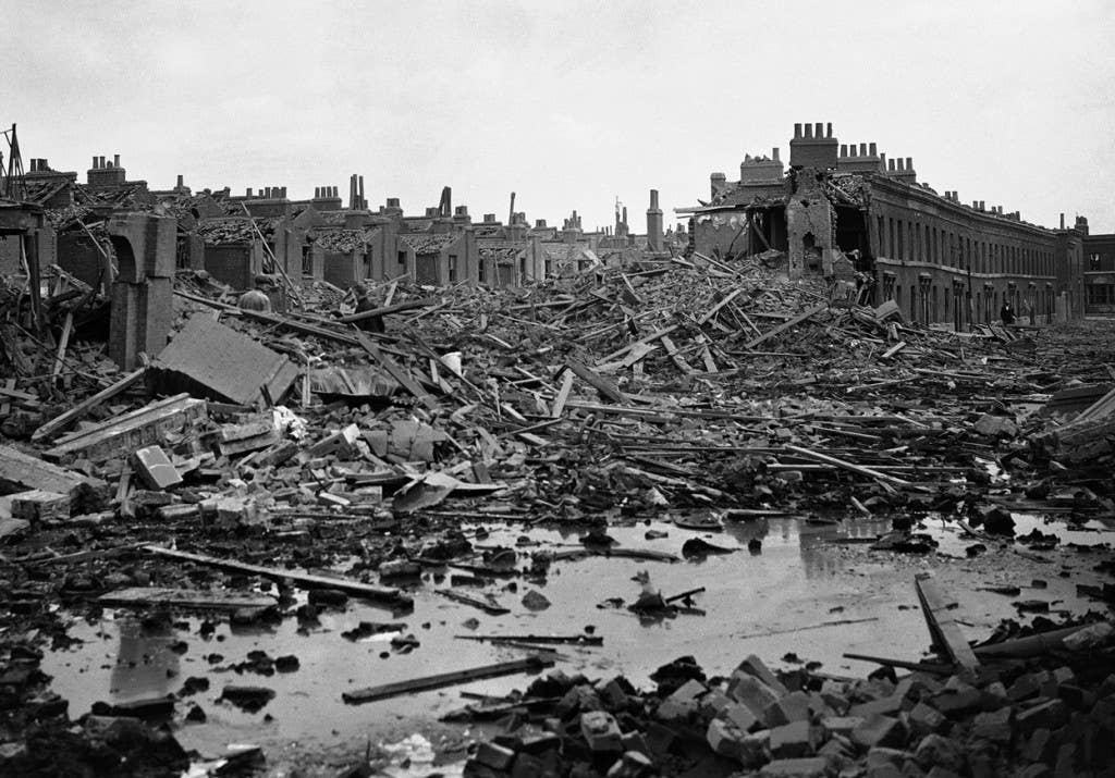 Damage to London after German bombing raid during Battle of Britain.