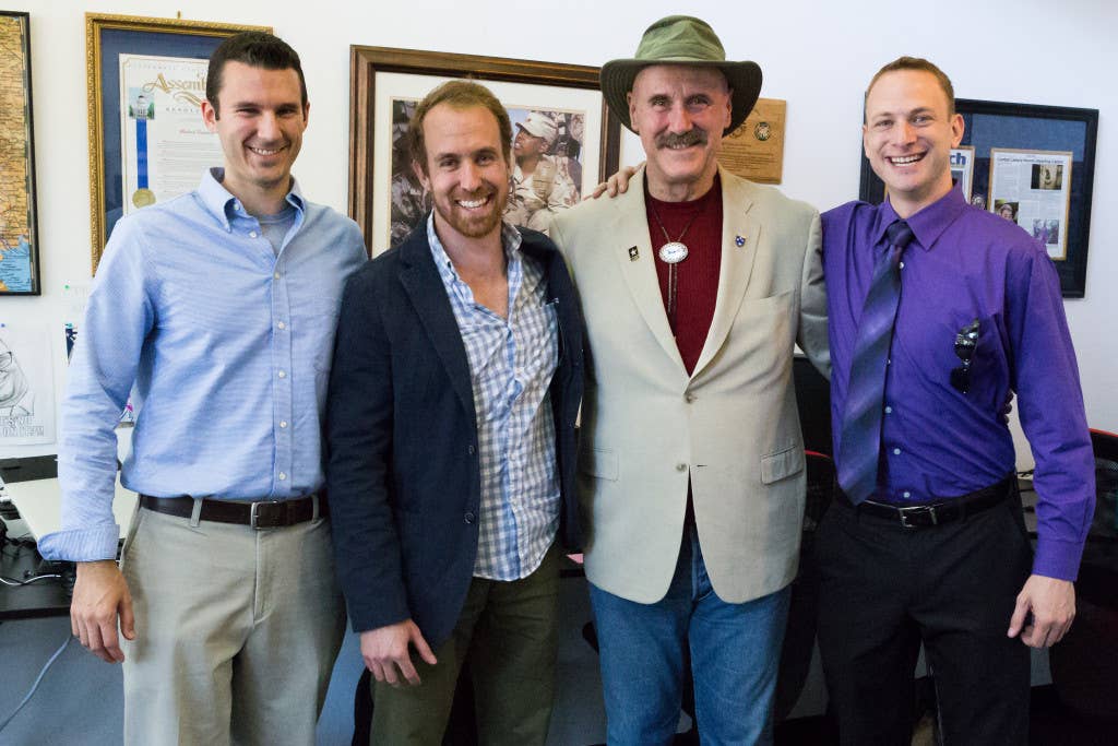 Brian Martin, MVP Foundation Founder and President, on the far left, stands with the writers of the three top screenplays entered in the Staff. Sgt. John Martin Writing Competition. Brian Delate, in the tan jacket, won the competition. Photo: Greg Vegas, courtesy of the MVP Foundation