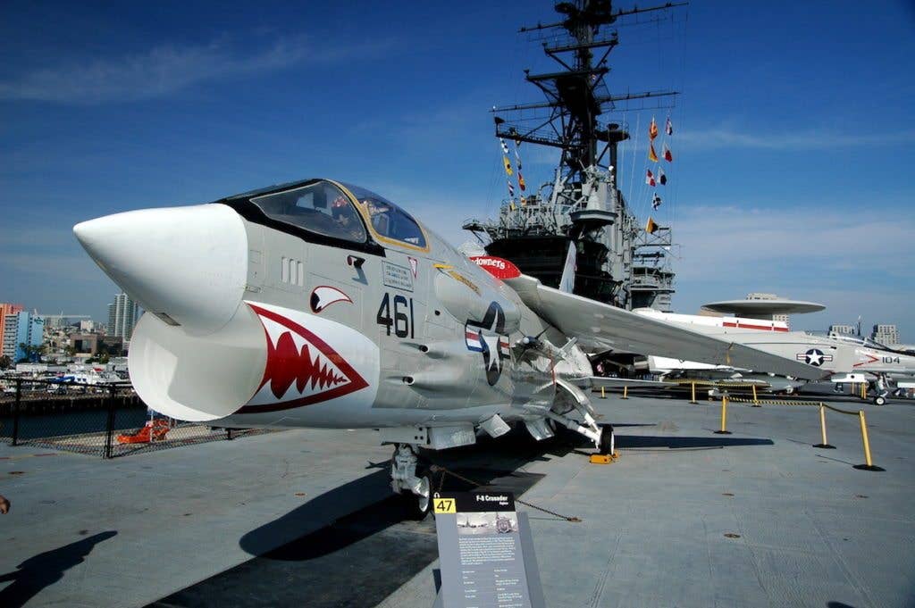 An F-8 Crusader on the deck of the USS Midway.