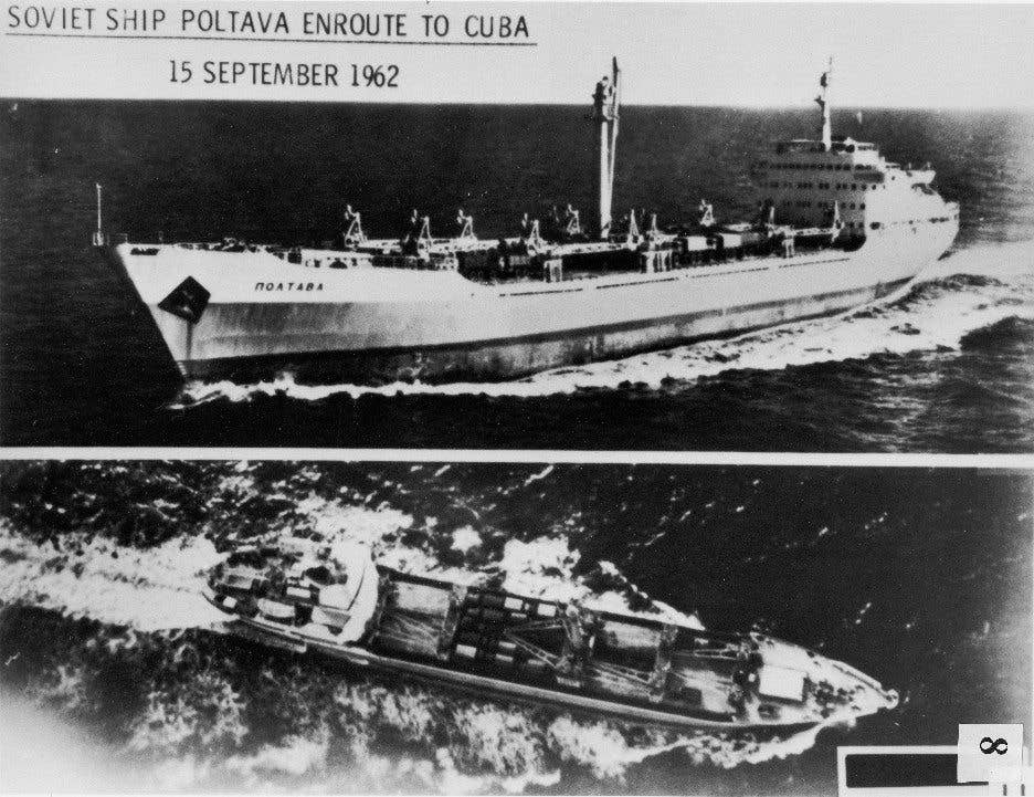The Soviet ship Poltava moves the first of the ballistic missiles to Cuba. Photo: US Air Force