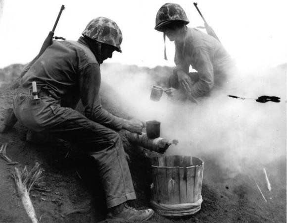 Marines make Coffee on Iwo Jima