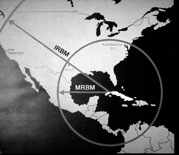 A CIA map showing the range of the medium range ballistic missiles successfully deployed to Cuba in Oct. 1962. The intermediate range ballistic missiles with their range shown by the larger arrow never arrived in Cuba. Photo: Wikipedia/James H. Hansen