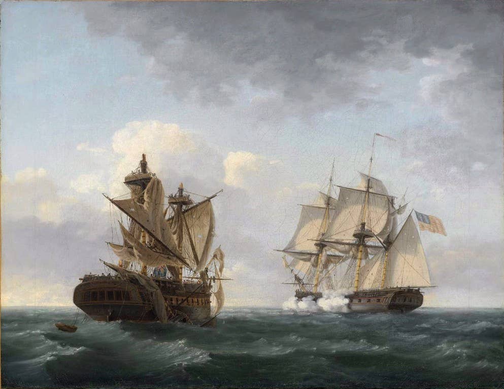 The heavy frigate USS United States faces off against the HMS Macedonian in the War of 1812. Photo: Wikipedia