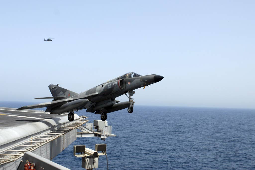 A French Super Etendard launches from the USS John C. Stennis during joint naval training. Photo: US Navy Mass Communication Specialist 1st Class Denny Cantrell