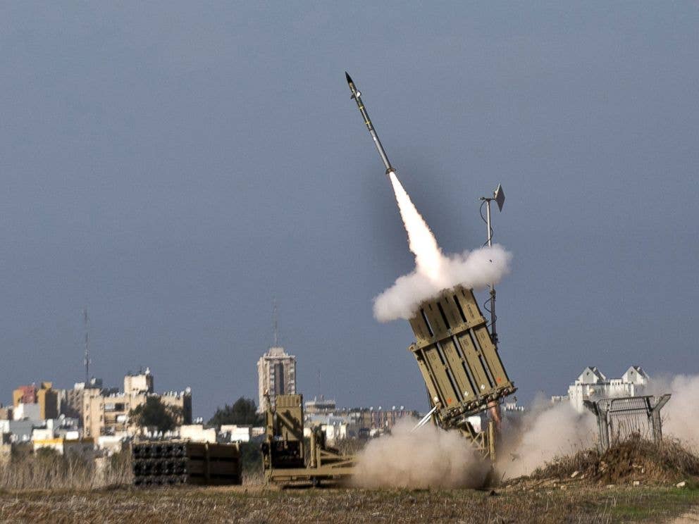 An Iron Dome missile launches against a missile launched from Gaza