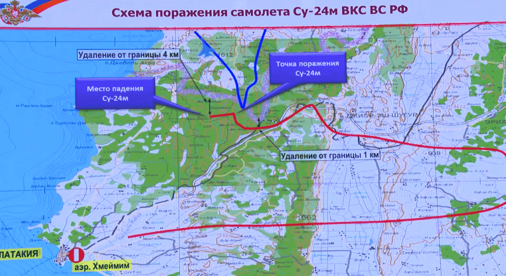 The red line is what Russia claims is the path of their Su-24 jet, the purple is the Turkish border, and the blue line is the path of the Turkish F-16. Map: Russian Ministry of Defense