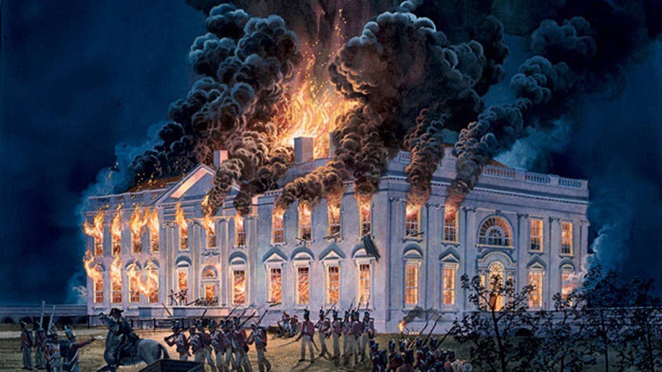 Painted: The British burn the White House in 1814, also known as the last time strongpoint defense was the most important thing a vice president could know. (Library of Congress)
