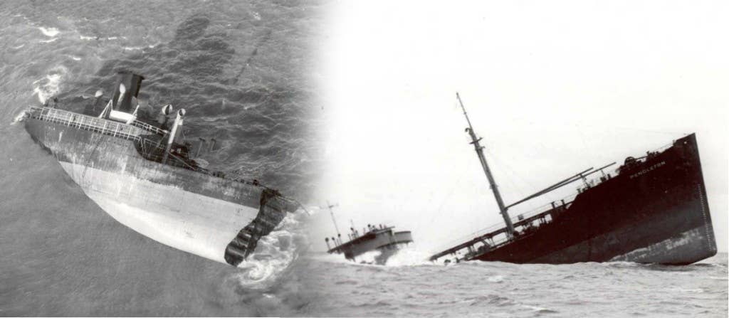 The two sections of the Pendleton after it was broken in a storm Feb. 18, 1952. Photos: US Coast Guard