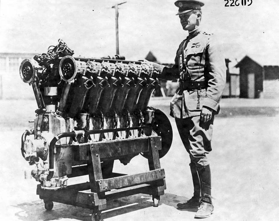 Major Henry H. Arnold with first Liberty V12 engine completed. (U.S. Air Force photo)