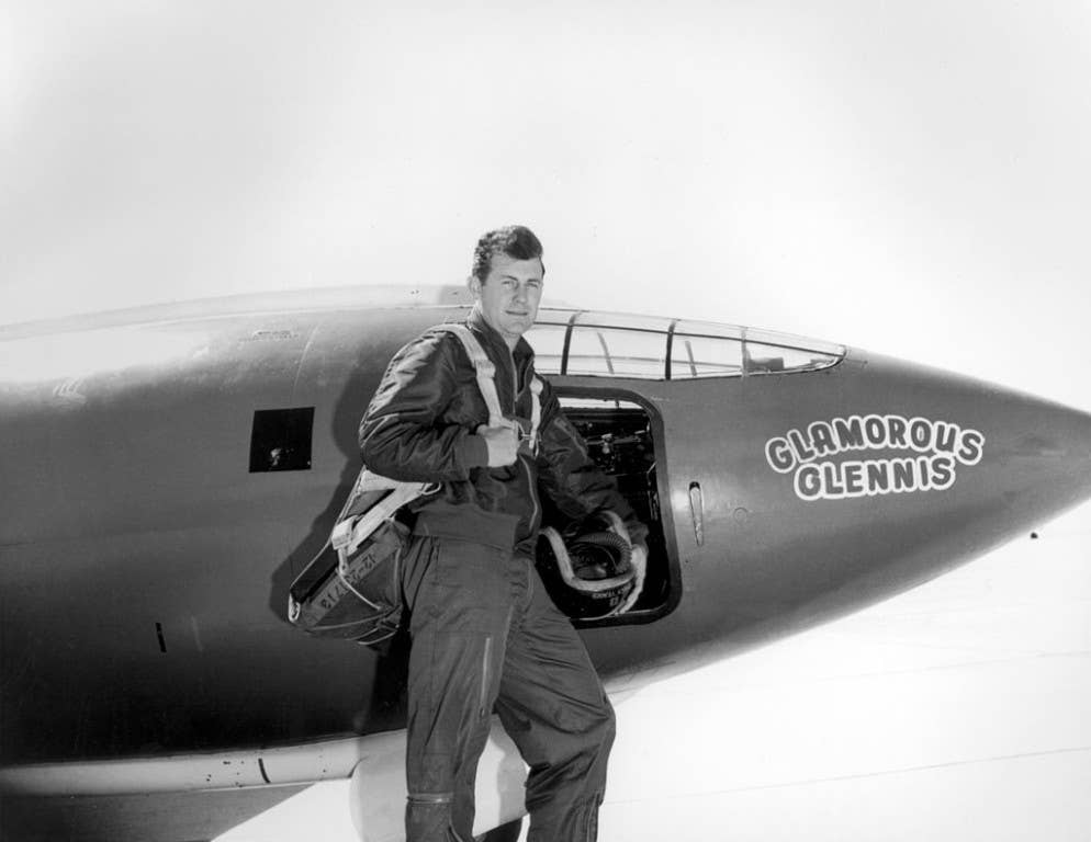 Yeager in front of the Bell X-1, which, as with all of the aircraft assigned to him, he named Glamorous Glennis (or some variation thereof), after his wife. (U.S. Air Force photo)