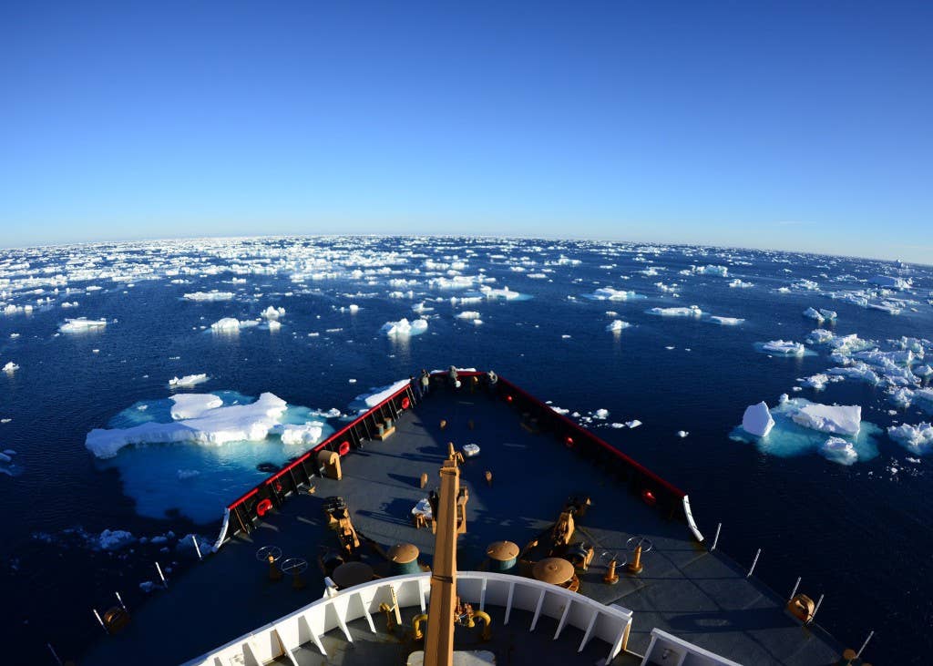 The Coast Guard Cutter Polar Star enters an ice field near the Balleny Islands Jan. 5, 2015, while en route to Antarctica in support of the U.S. Antarctic Program, which is managed by the National Science Foundation. Military support to the USAP, dubbed Operation Deep Freeze 2015, is a multi-agency mission to support civilian scientific research in Antarctica. (U.S. Coast Guard photo by Petty Officer 1st Class George Degener)
