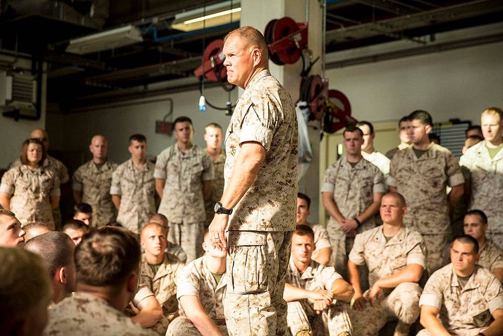 Generals and admirals are on the chopping block, though service chiefs like Marine Corps Gen. Robert Neller, seen here speaking to a group of Marines, are likely too valuable to cut. (Photo: US Marine Corps Cpl. Shawn Valosin)