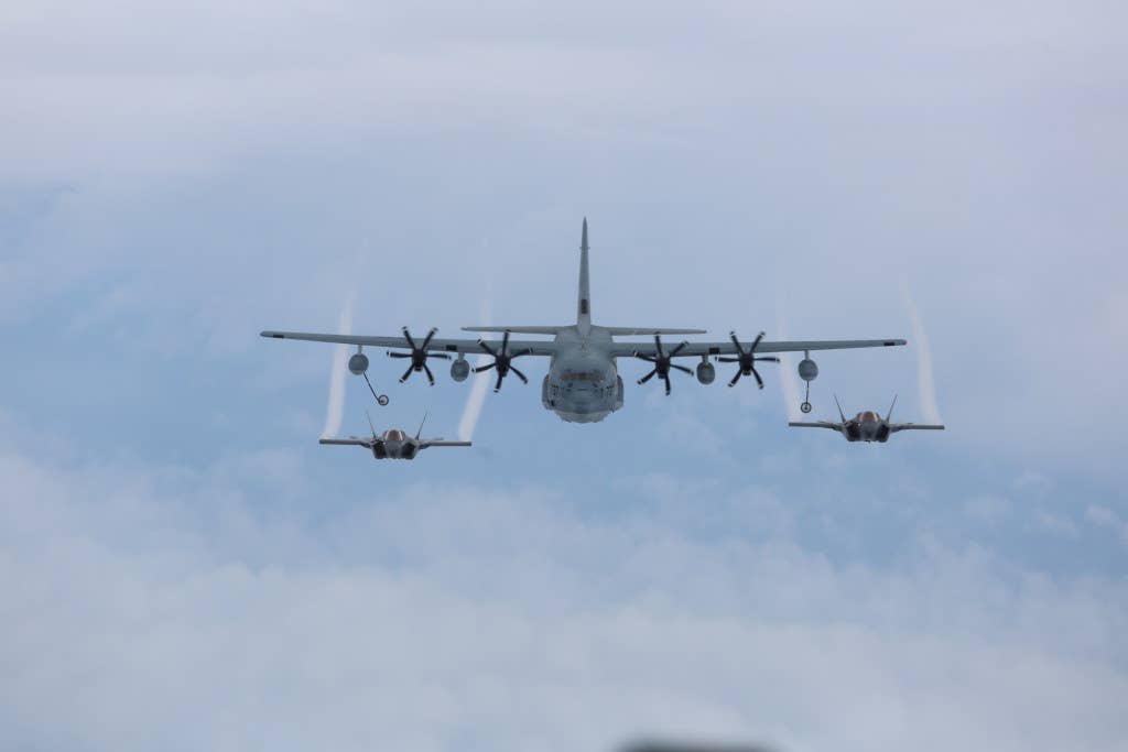 Here the C-130 is about to refuel a section of F-35s. (USMC photo by Lance Cpl. Olivia G. Ortiz)
