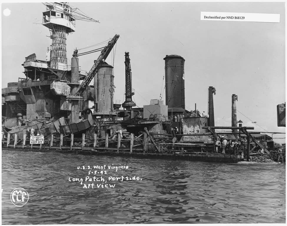 The USS West Virginia during salvage operations. Photo: US Navy