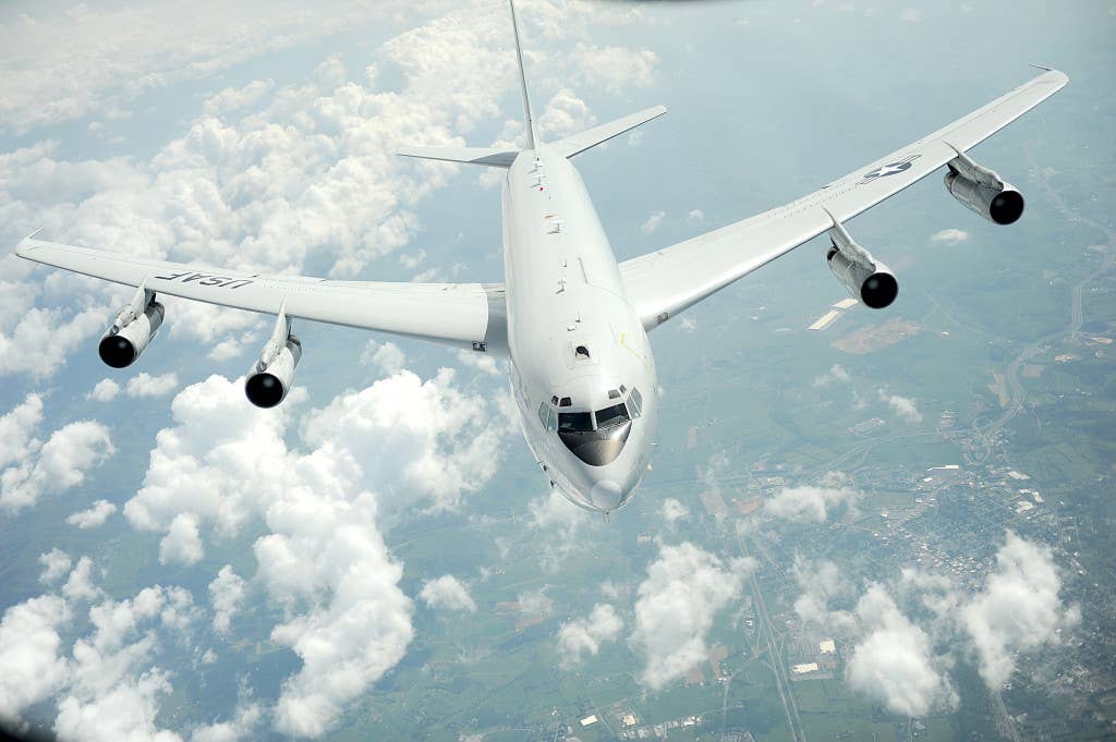 An E-8C Joint STARS from the 116th Air Control Wing, Robins Air Force Base, Ga., pulls away, May 1, 2012 after refueling from a KC-135 Stratotanker with the 459th Air Refueling Wing (U.S. Air Force photo)