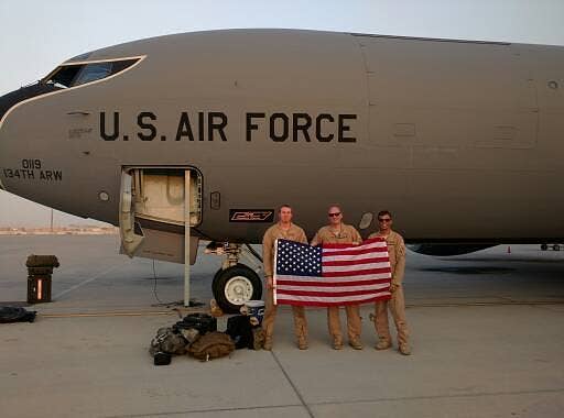 The crew of the KC-135 poses for a photo in front of their aircraft. Photo: US Air Force courtesy photo