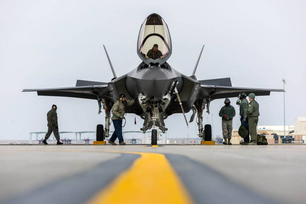 An F-35A Lightning II team parking the jet for the first time at Mountain Home Air Force Base in Idaho on February 8. | US Air Force photo