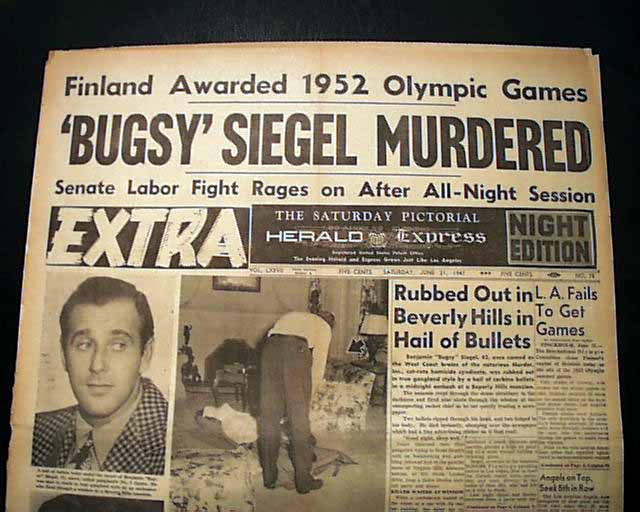 Newspaper declaring mobster &quot;Bugsy&quot; siegel's murder