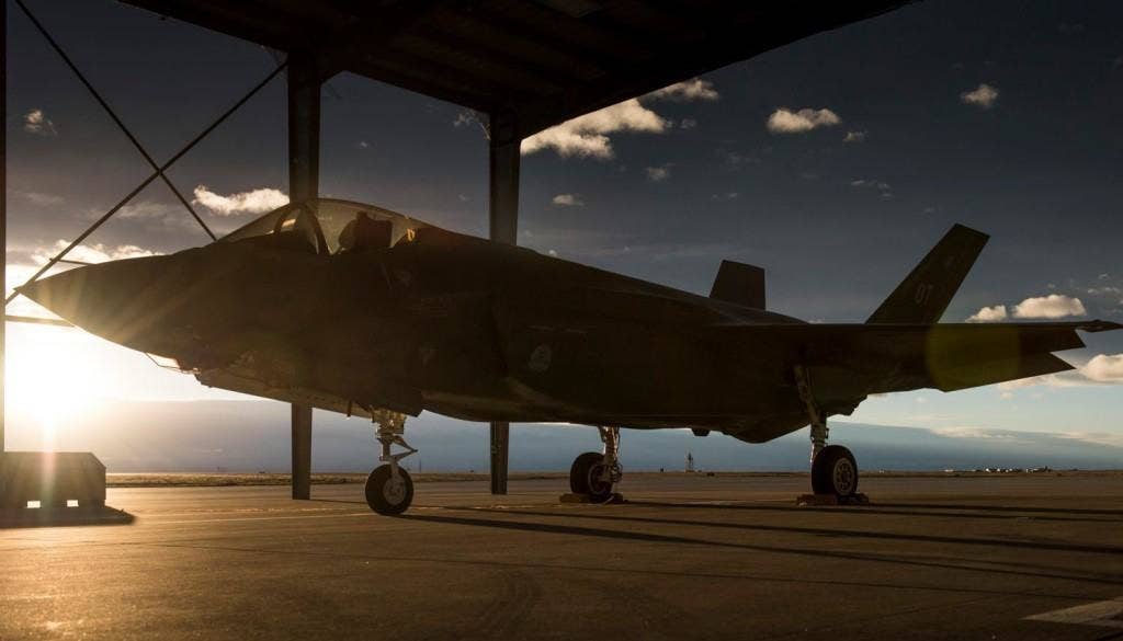 An F-35A Lightning II parks for the night under the sunshades at Mountain Home Air Force Base, Idaho, Feb. 18, 2016. The F-35's combat capabilities are being tested through an operational deployment test at Mountain Home AFB range complexes. (U.S. Air Force photo by Senior Airman Jeremy L. Mosier)