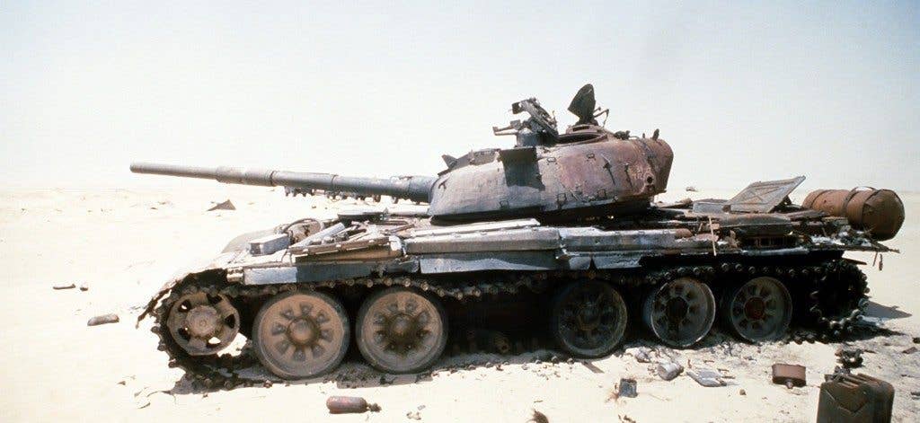 A view of an Iraqi T-72 main battle tank destroyed in a Coalition attack during Operation Desert Storm near the Ali Al Salem Air Base (U.S. Air Force photo by Tech. Sgt. Joe Coleman)
