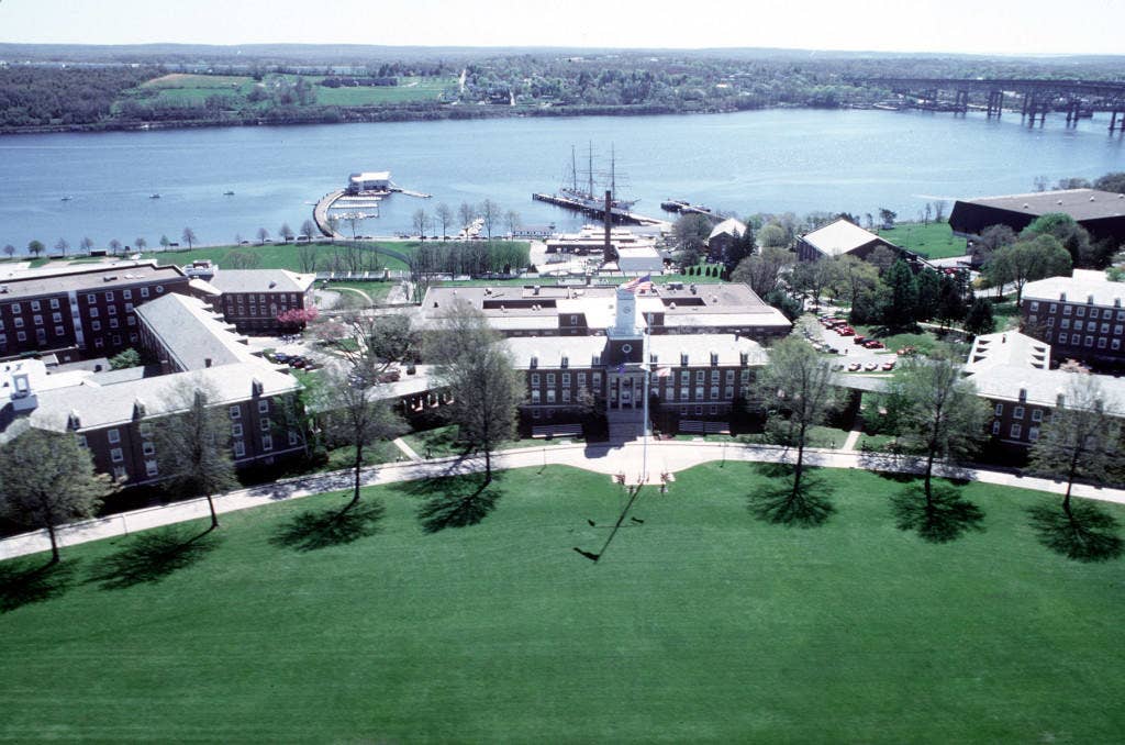 Shown is an aerial view of the Coast Guard Academy with Hamilton Hall in center. (USCG photo by PA1 David Santos)