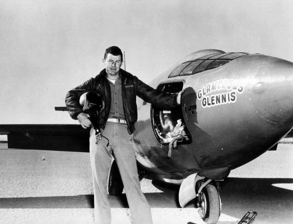 Capt. Charles E. Yeager (shown standing next to the Air Force's Bell-built X-1 supersonic research aircraft) became the first man to fly faster than the speed of sound in level flight on October 14, 1947.