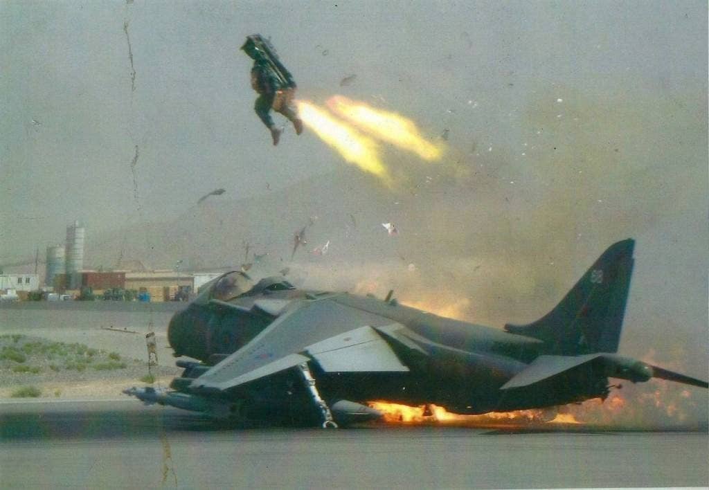 A Royal Air Force pilot ejects from a Harrier at Kandahar Air Base, Afghanistan.
