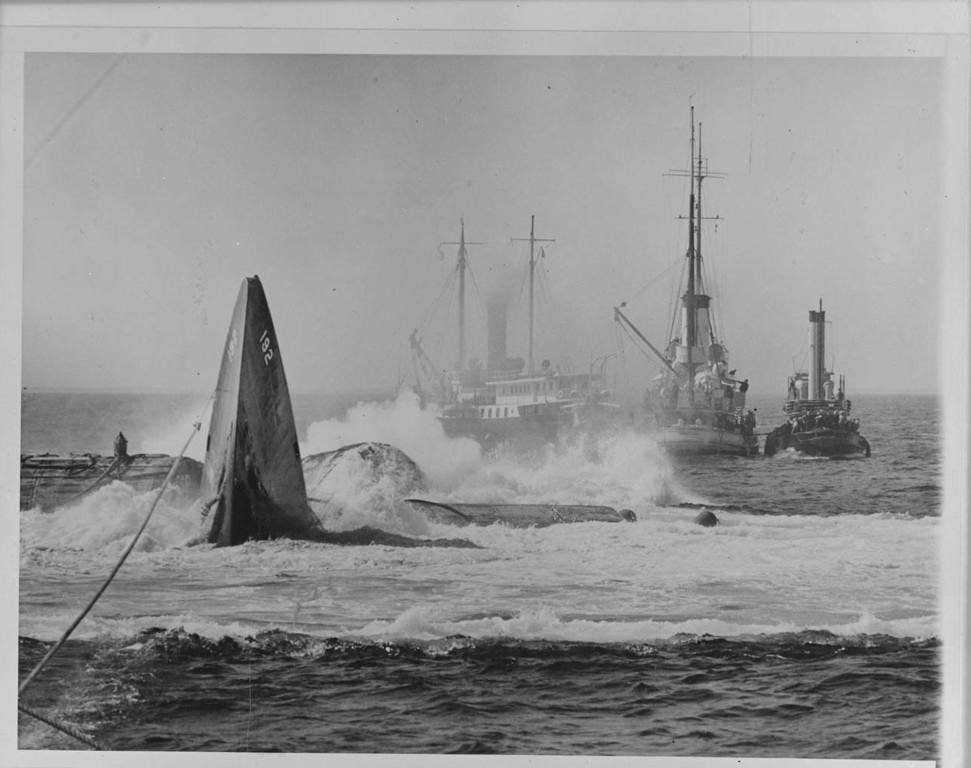 The USS Squalus breaches the surface during one of the attempts to raise it. Photo: courtesy Boston Public Library
