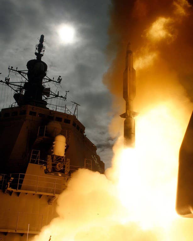 A Standard Missile-3 is launched from the Japanese Aegis Destroyer JS Kongo (DDG 173) enroute to an intercept of a target missile launched from the Pacific Missile Range Facility.