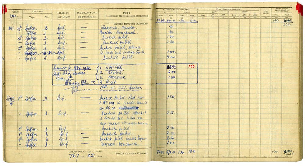  Douglas Bader's logbook show his first kill at the Evacuation of Dunkirk. Photo: Royal Air Force online exhibitions