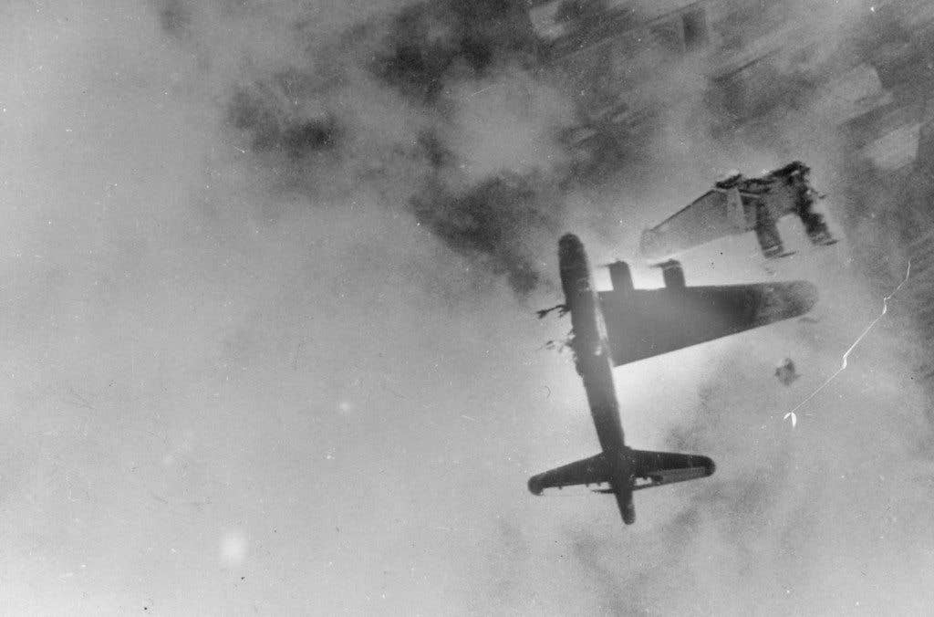 This Boeing B-17F had its left wing blown off by an Me-262 over Crantenburg, Germany. (U.S. Air Force photo)
