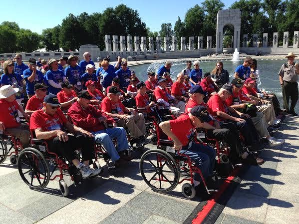 World War II veterans flown in as part of Honor Flight gather at the World War II memorial on the 72nd anniversary of D-Day. (Photo: Ward Carroll)