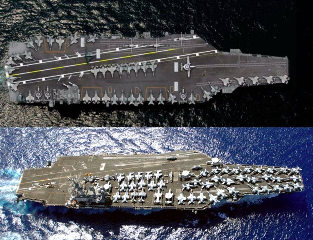 A Nimitz class aircraft carrier, on the bottom, compared to a Ford class, top.