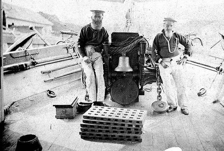 Sailors aboard the USS Ohio circa 1870.