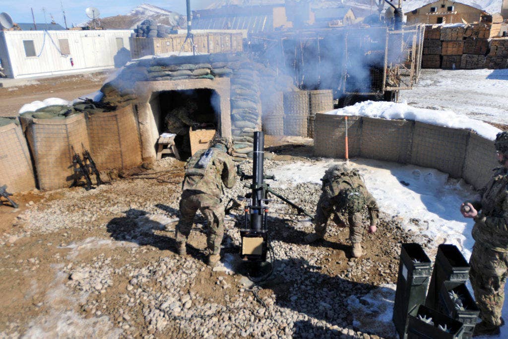 Soldiers with Bravo Troop, 3rd Battalion, 71st Calvary Regiment of 3rd Brigade Combat Team, 10th Mountain Division, fire their 120mm mortars during a live-fire at Forward Operating Base Lightning, in Paktia province, Afghanistan. | Photo by U.S. Army Capt. John Landry 3rd Brigade Combat Team, 10th Mountain Division Public Affairs