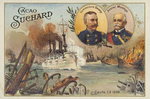 Commodore George Dewey and Admiral Patricio Montojo, Battle of Manila Bay, Spanish-American War, 1 May 1898. Educational card, late 19th or early 20th century.